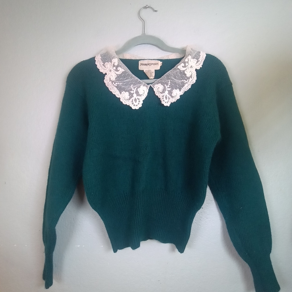 Vintage 70s Tanner Sport Teal Green Wool Lace Collared Feminine Boho Sweater - Picture 2 of 9